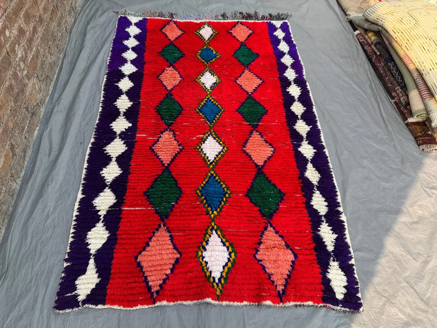 Vintage Moroccan Shag Rug 4'5x6'7 Ft (135x200 Cm) Handmade Red Wool Pile, Berber Diamond Boho Area Rug, Plush Tribal Moss Carpet