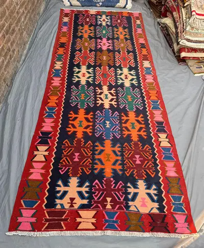 5 x 13 ft Vintage Turkish Kilim Runner | Handwoven Reversible Flatweave | Navy & Red Medallions | One-of-a-Kin