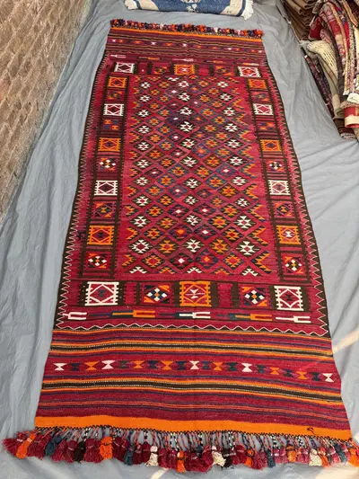 5 x 11 ft Vintage Afghan Maimana Kilim | Handwoven Reversible Flatweave | Bold Magenta & Orange | One-of-a-Kin