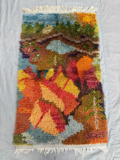 4x3'11 Ft Vintage Moroccan Full Pile Moss Rug, Handwoven Wool, Colorful Geometric Design, One of a Kind, Perfe