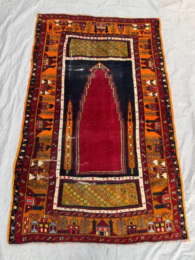 3'7x5'5 ft Afghan Vintage Handmade Turkish Style Prayer Rug, Wool Low Pile, Distressed, Vibrant Red, Orange Un