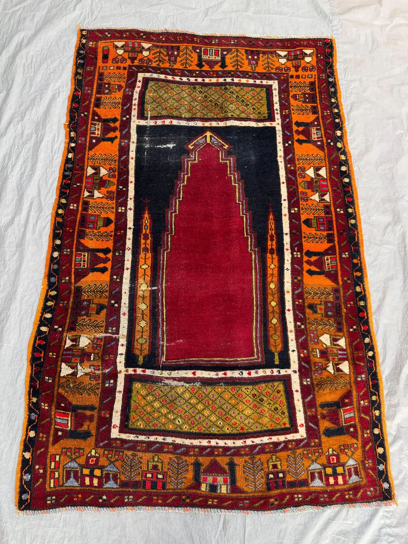 3'7x5'5 ft Afghan Vintage Handmade Turkish Style Prayer Rug, Wool Low Pile, Distressed, Vibrant Red, Orange Unique One of a Kind, Boho Decor