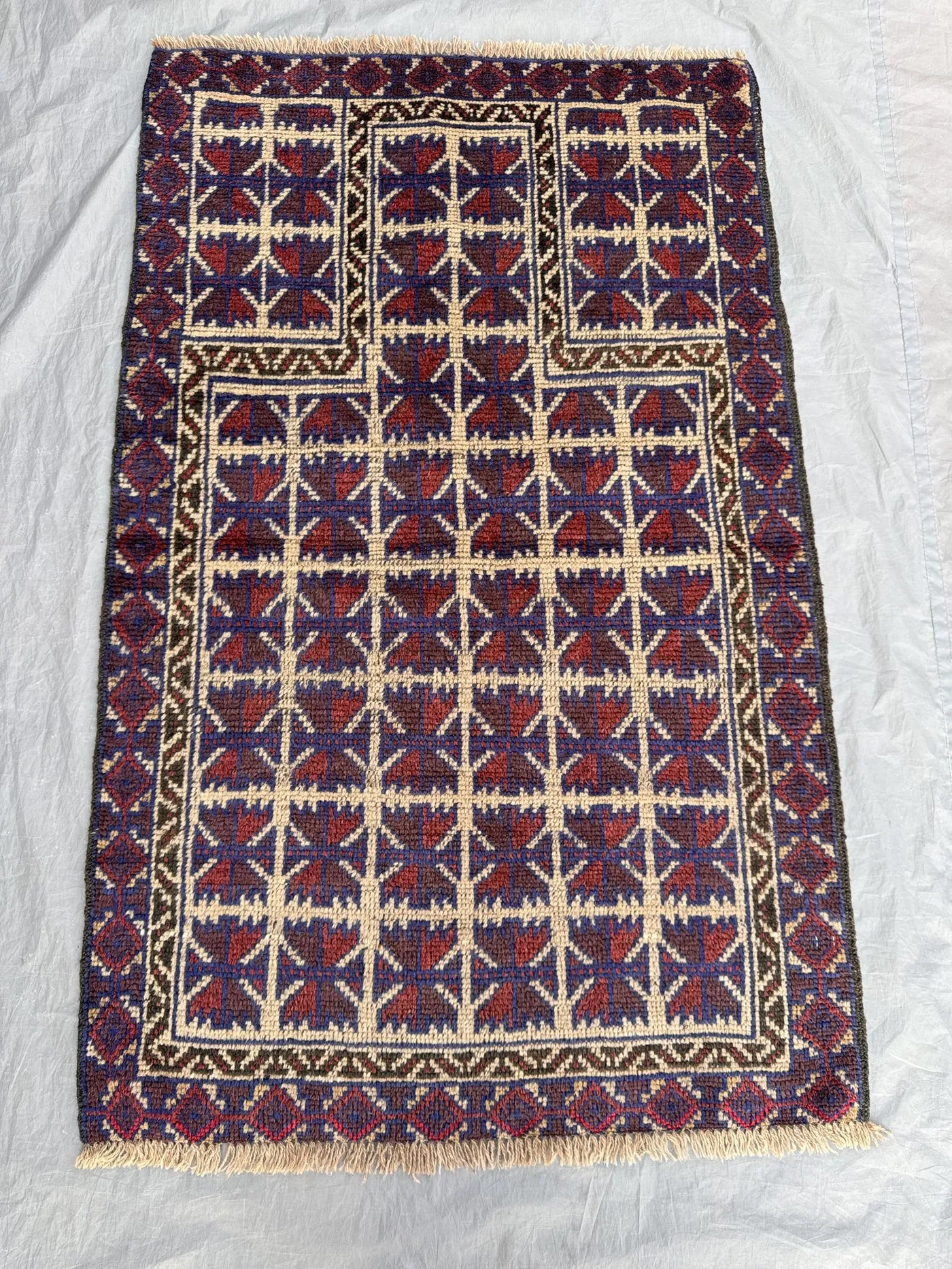 Blue 2'10 x 4'6 Ft Antique Afghan Baluchi Hand Knotted Tribal Area Rug Geometric Nomadic Wool Soft Pile Small Area Rug Blue Red Ivory
