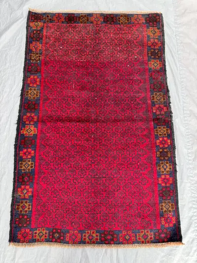 Red 2'10 x 4'4 Ft Antique Afghan Baluchi Hand Knotted Tribal Area Rug Geometric Nomadic Wool Soft Pile Small A