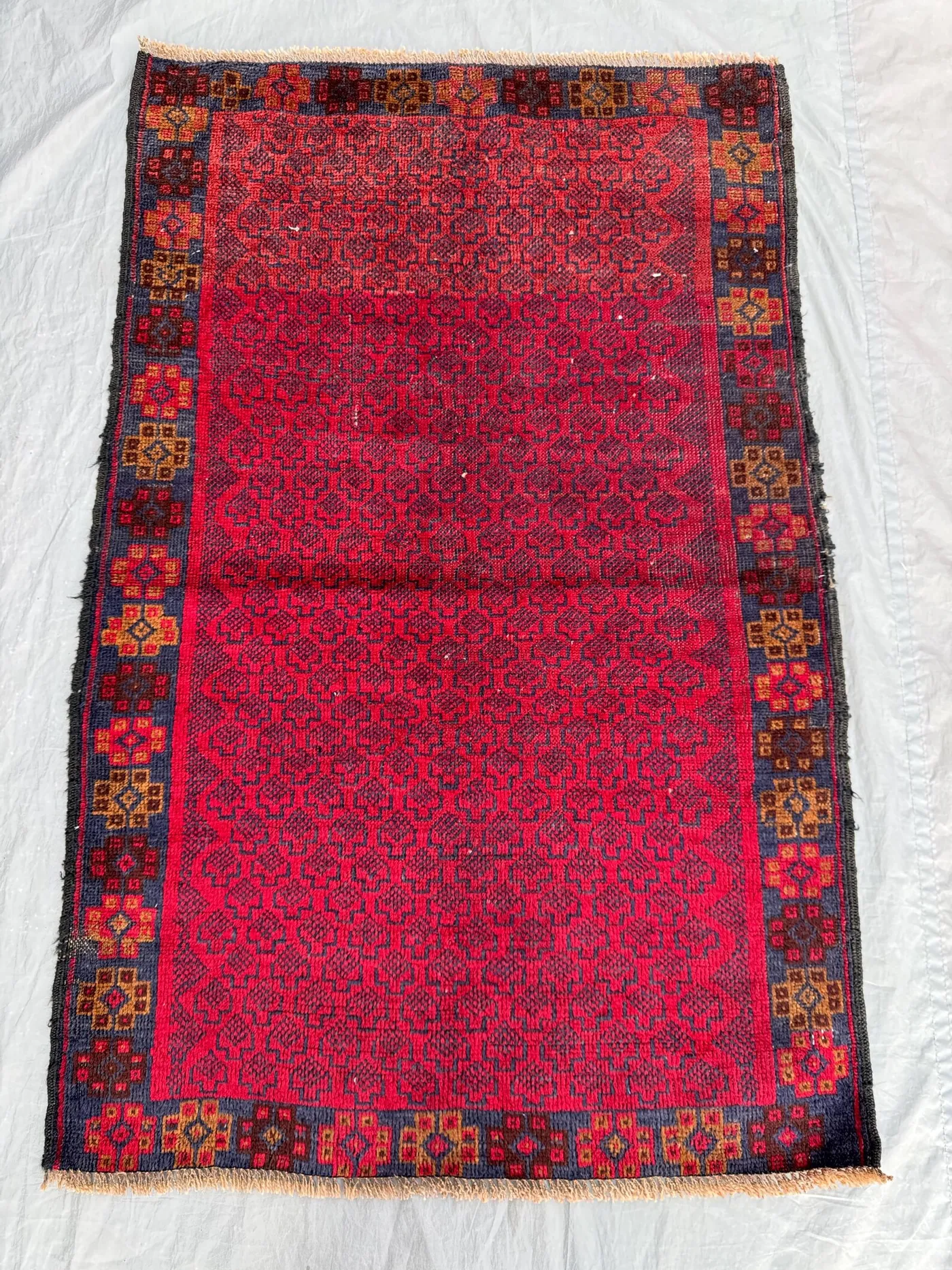 Red 2'10 x 4'4 Ft Antique Afghan Baluchi Hand Knotted Tribal Area Rug Geometric Nomadic Wool Soft Pile Small Area Rug Red Navy Brown