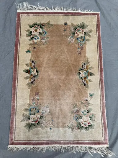 Beige 2 x 3 Ft Vintage Turkish Hand Knotted Silk Small Area Rug Floral Design Soft Accent Rug Home Decor Bedro