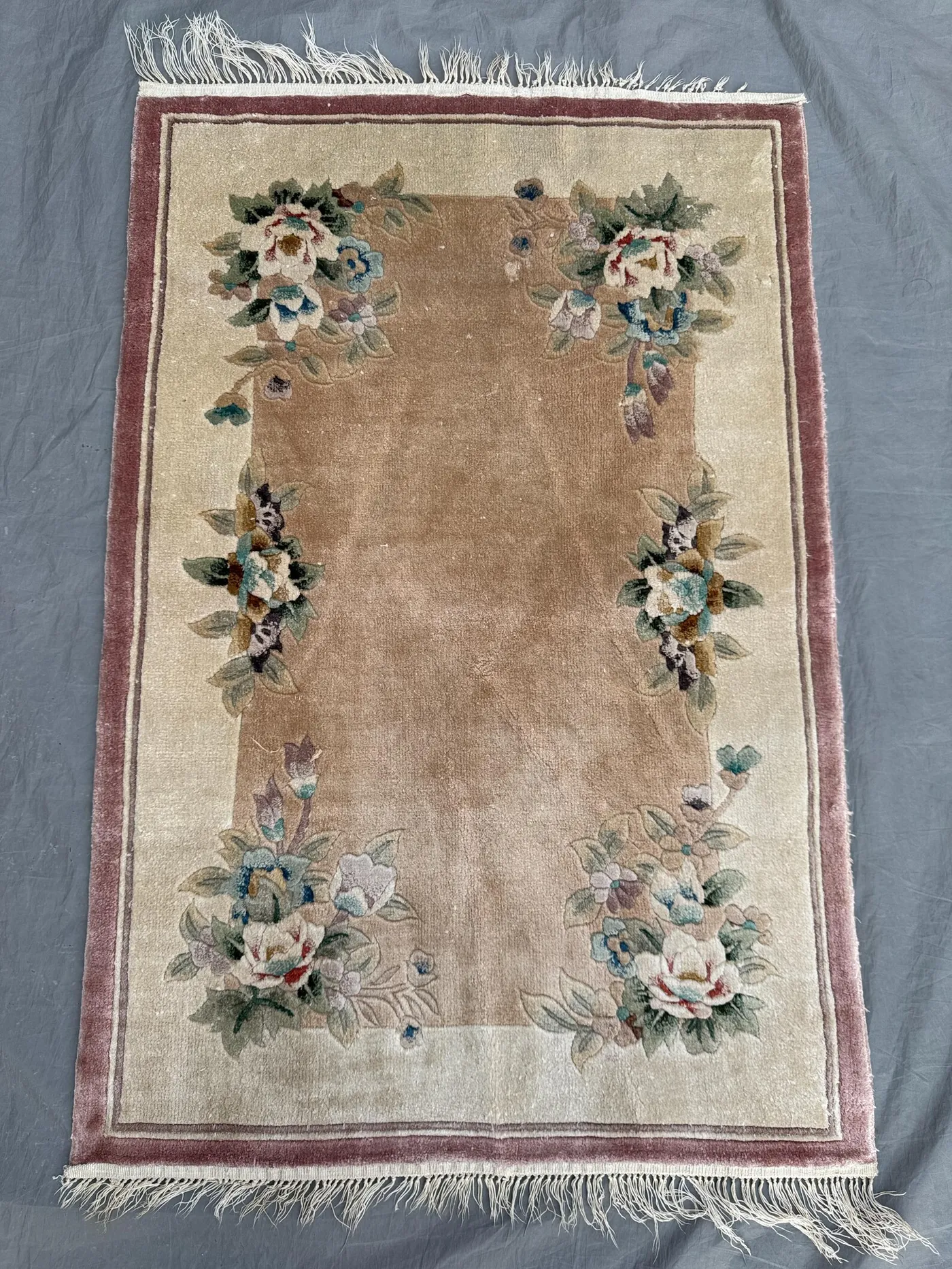 Beige 2 x 3 Ft Vintage Turkish Hand Knotted Silk Small Area Rug Floral Design Soft Accent Rug Home Decor Bedroom Rug, Bedside Rug, kids Room