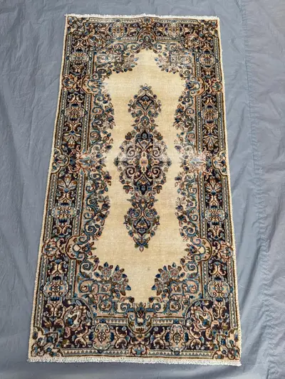 Beige 2'5 x 4'9 Ft Vintage Turkish Hand Knotted Small Area Rug Caucasian Design Low Pile Wool Rug Home Decor