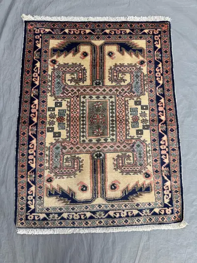 Beige 2'8 x 3'5 Ft Vintage Caucasian Kazak Hand Knotted Small Area Rug Tribal Geometric Wool Decor Navy Rust I