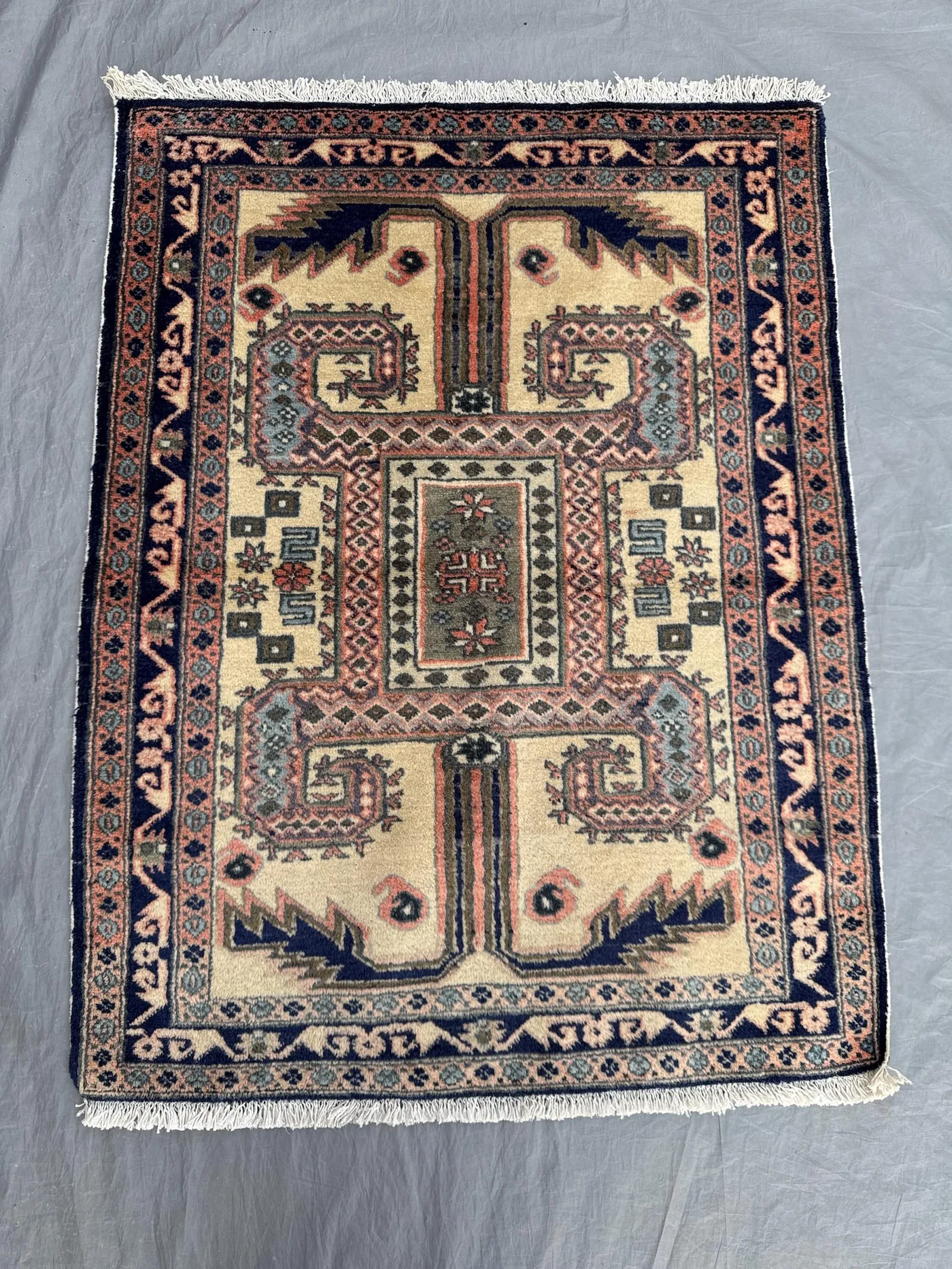Beige 2'8 x 3'5 Ft Vintage Caucasian Kazak Hand Knotted Small Area Rug Tribal Geometric Wool Decor Navy Rust Ivory Kids Room