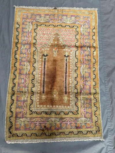 Beige 2'10 x 4'3 Ft Vintage Turkish Hand Knotted Silk Prayer Rug Tribal Mihrab Design Soft Pile Area Rug Decor