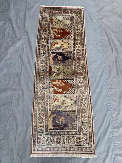 Beige 1'11 x 5'9 Ft Vintage Turkish Hand Knotted Silk Runner Prayer Rug Distressed Hallway Decor – Beige, Blue