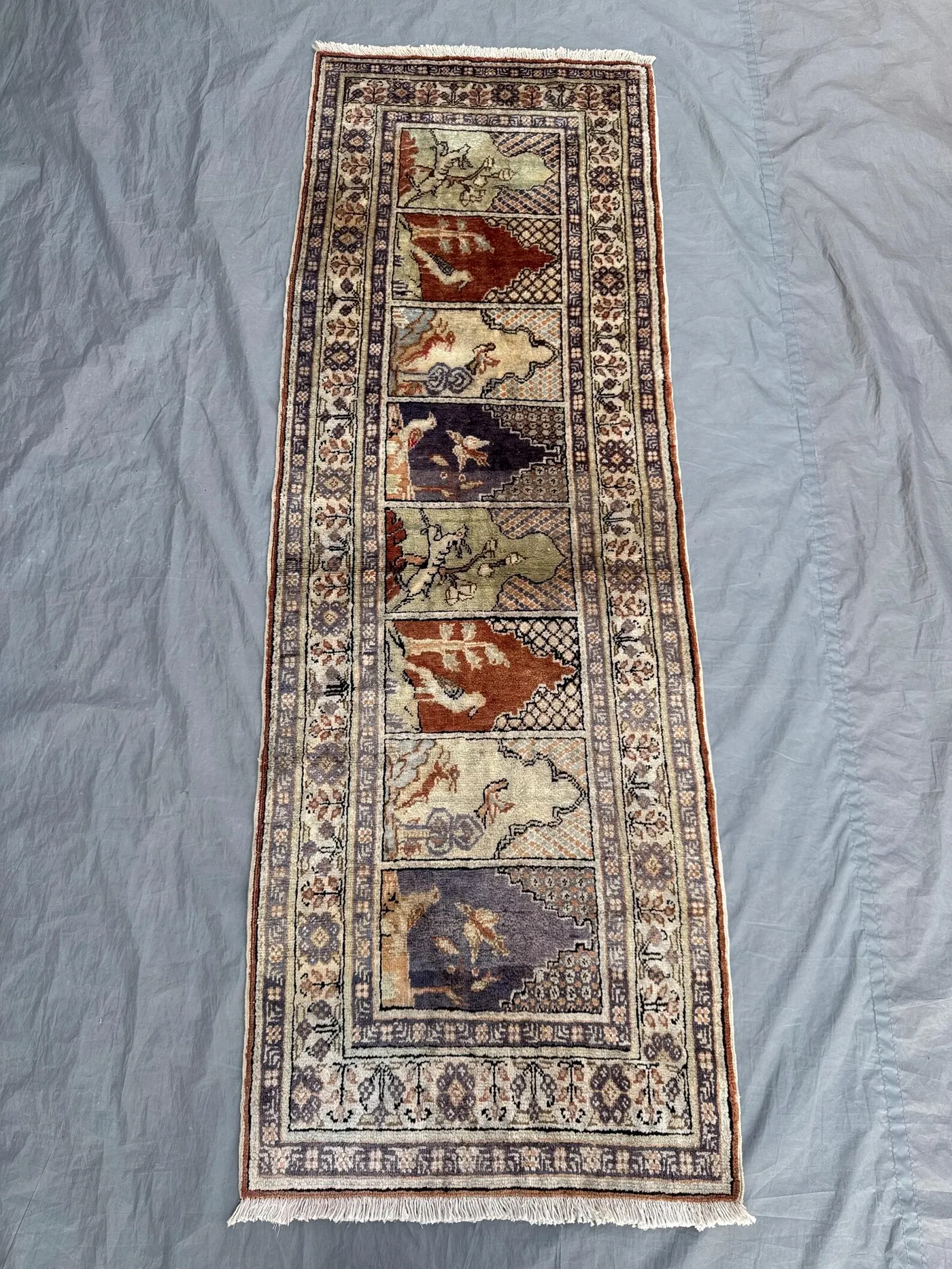 Beige 1'11 x 5'9 Ft Vintage Turkish Hand Knotted Silk Runner Prayer Rug Distressed Hallway Decor – Beige, Blue, Rust, Brown Prayer Area