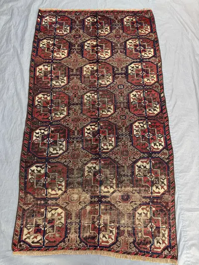 Red 3'6 x 6 Ft Turkmen Bukhara Handmade Area Rug Antique Distressed Low Pile Wool Tribal Geometric Small Area 