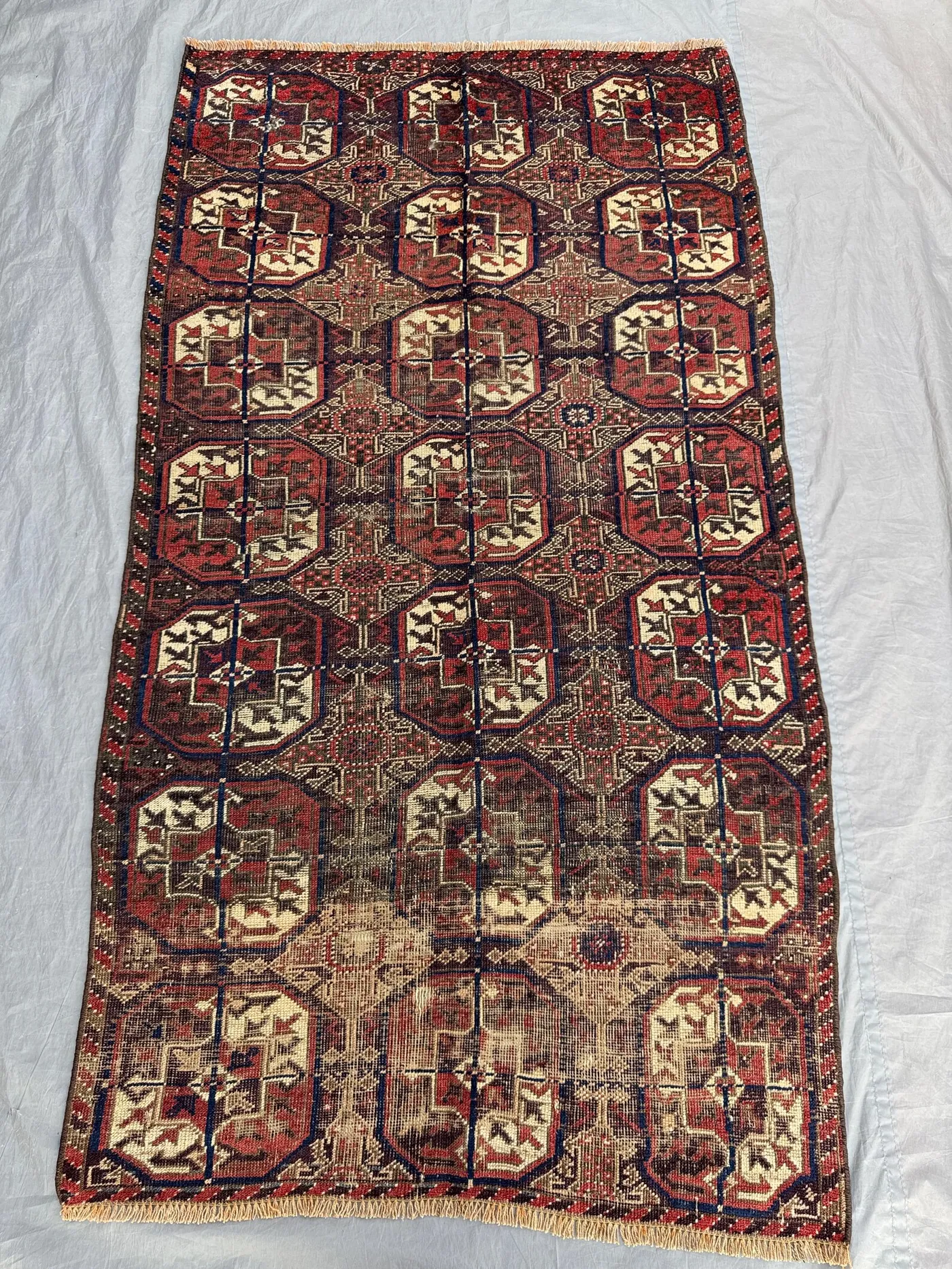 Red 3'6 x 6 Ft Turkmen Bukhara Handmade Area Rug Antique Distressed Low Pile Wool Tribal Geometric Small Area Rug Living Room, Bedroom