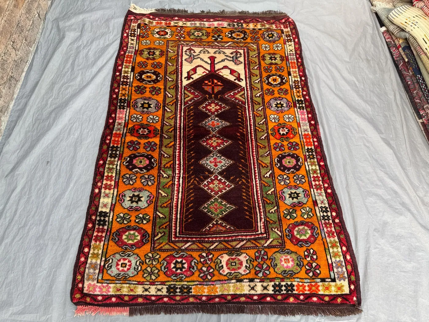 Terracotta 3'10 x 5'6 Ft Antique Turkish Hand Knotted Prayer Rug Tribal Floral Oriental Area Rug Red Orange Green Blue