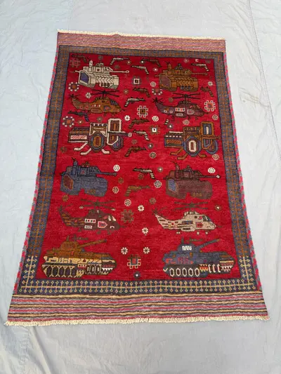 Red Afghan Hand Knotted War Rug, Modern Pictorial Wool Rug with Tanks and Helicopters, One of a Kind, 4x6.4 ft