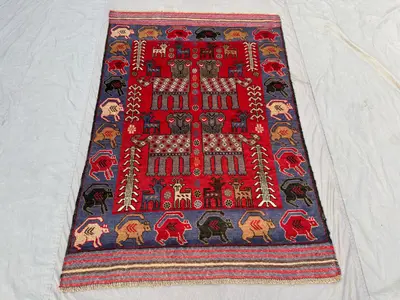4.2 x 6.4 ft Red Afghan Hand Knotted Rug Vintage Soft Pile with Animal Print Design One of a Kind Luxury Boho 