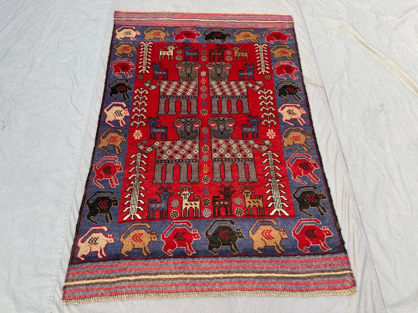 4.2 x 6.4 ft Red Afghan Hand Knotted Rug Vintage Soft Pile with Animal Print Design One of a Kind Luxury Boho Home Decor