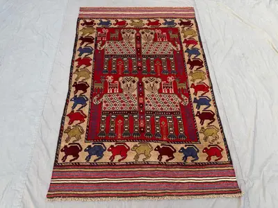 4.1 x 6.4 ft Red Afghan Hand Knotted Rug, Vintage Soft Pile with Animal Print Design, One of a Kind Luxury Boh