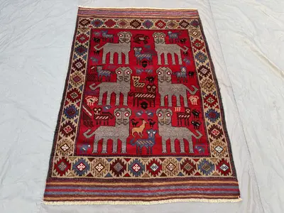 4 x 6 ft Red Afghan Hand Knotted Rug, Vintage Pictorial Luxury Wool Rug with Animal Motifs, One of a Kind Soft