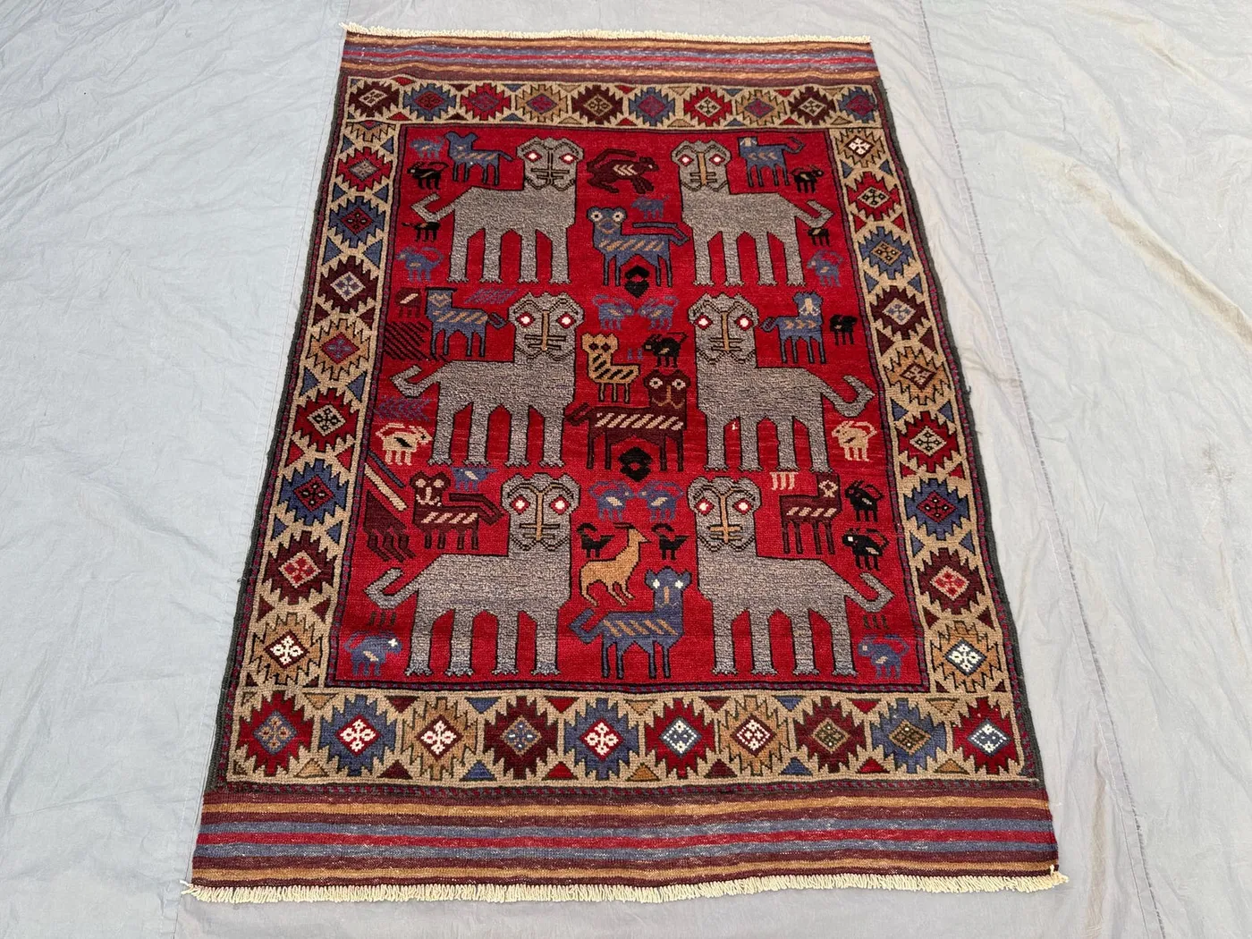 4 x 6 ft Red Afghan Hand Knotted Rug, Vintage Pictorial Luxury Wool Rug with Animal Motifs, One of a Kind Soft Pile Tribal Decor