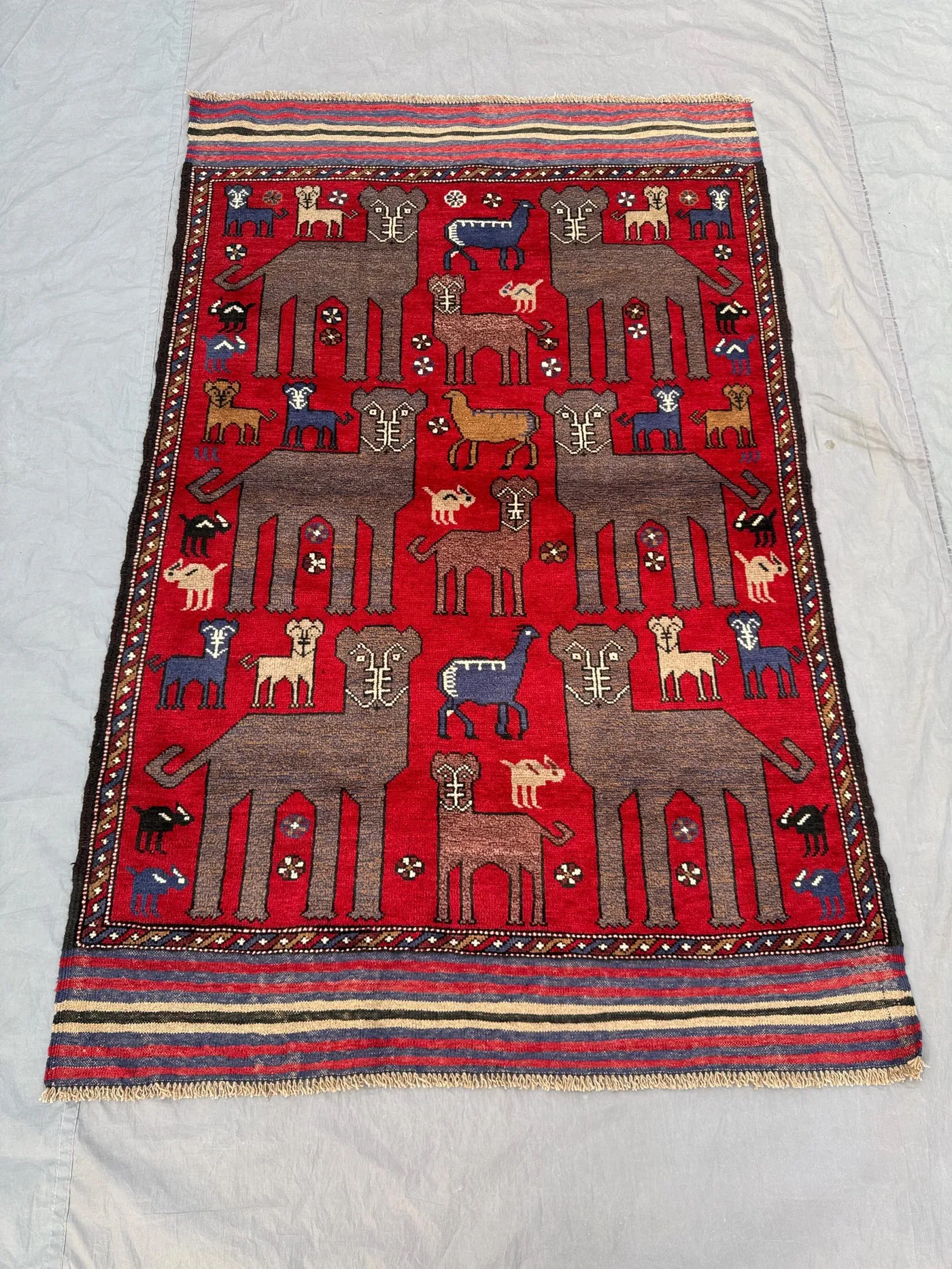 4 x 6 ft Red Afghan Hand Knotted Rug Vintage Pictorial Wool Rug with Animal Motifs One of a Kind Soft Pile Luxury Home Decor