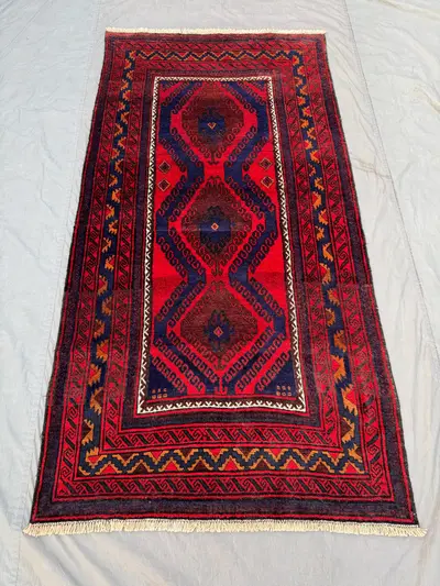 4 x 7.10 ft Red Afghan Hand Knotted Rug, Vintage Soft Pile with Moroccan Design, One of a Kind ft Tribal Home 