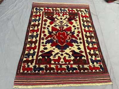 4'7 x 6'2 Ft Vintage Afghan Baluchi Hand Knotted Tribal Area Rug Animal Bird Motif Soft Pile Living Room Decor