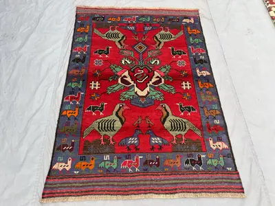 4.1 x 5.8 Ft Vintage Afghan Baluchi Hand Knotted Area Rug Bird Motif Soft Pile Tribal Animal Design Red Blue I