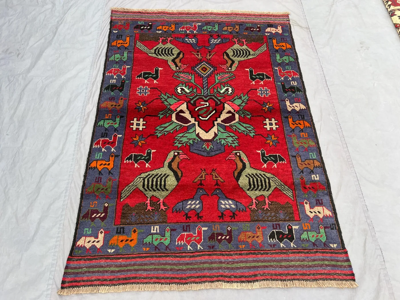 4.1 x 5.8 Ft Vintage Afghan Baluchi Hand Knotted Area Rug Bird Motif Soft Pile Tribal Animal Design Red Blue Ivory Living Room, Bedroom