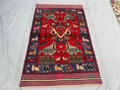 3'11x6 Ft Vintage Afghan Baluchi Hand Knotted Bird Rug Tribal Animal Design Soft Pile Area Rug Home Decor Livi