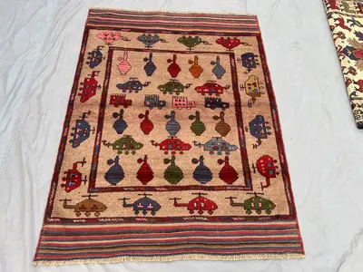 4'3x5'6 Ft Vintage Afghan Baluchi War Rug Hand Knotted Tribal Pictorial Soft Pile Area Rug One Of A Kind Home 
