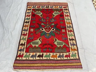 4'1 x 6'2 Ft Vintage Afghan Baluchi Hand Knotted Bird Rug Tribal Animal Design Soft Pile Area Rug Home Decor L