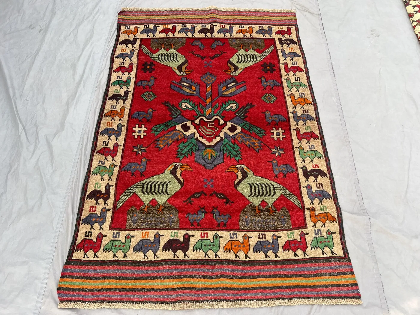 4'1 x 6'2 Ft Vintage Afghan Baluchi Hand Knotted Bird Rug Tribal Animal Design Soft Pile Area Rug Home Decor Living Room, Bedroom,Study Area