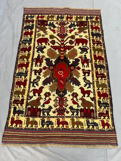 Vintage Afghan Baluchi Hand Knotted Animal Motif Rug 4 x 6.5 Ft Tribal Wool Area Rug Nomadic Folk Art Decor Li