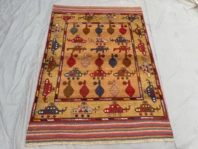Red 4'4 x 6'0 Ft Afghan Baluchi Hand Knotted Vintage War Area Rug Tribal Pictorial Wool Decor Living Room, Bed