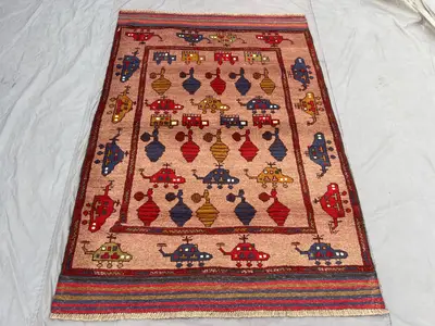Beige 4'6 x 6'5 Ft Afghan Hand Knotted Vintage War Rug Tribal Pictorial Helicopter Tank Design Area Rug living