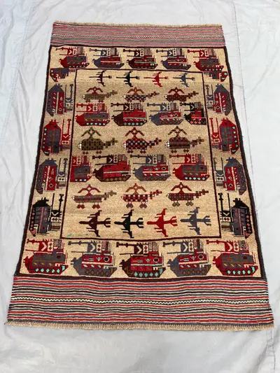 Red 4'1 x 5'11 Ft Afghan War Rug Vintage Hand Knotted Tribal Area Rug Military Tank Design Distressed Wool Rug