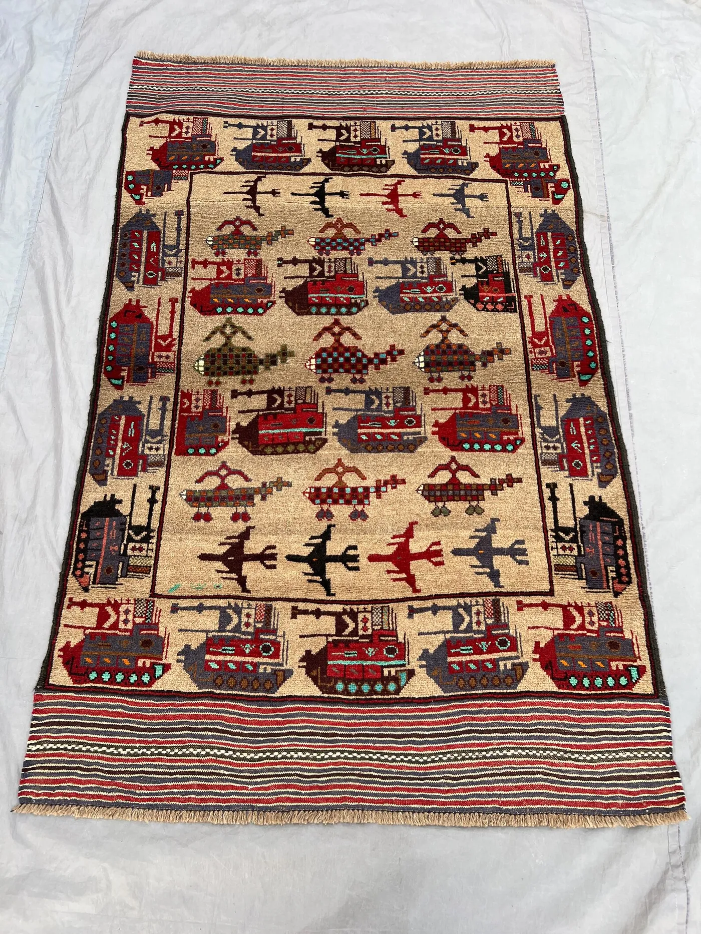 Red 4'1 x 5'11 Ft Afghan War Rug Vintage Hand Knotted Tribal Area Rug Military Tank Design Distressed Wool Rug Wall And Home Decour