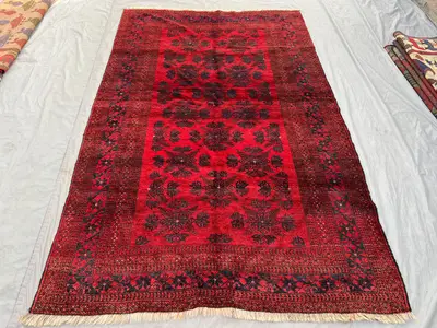 5'5 x 8'5 Ft Vintage Afghan Baluchi Nomadic Rug, Hand Knotted Tribal Wool Area Rug, Deep Red Geometric Pattern