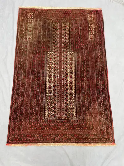 3 x 4'5 ft Vintage Afghan Baluchi Prayer Rug Hand Knotted Wool Tribal Nomadic Design Antique Area Rug for Entr