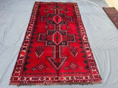 4'11 x 9'1 ft Antique 1940s Turkish Inspired  Caucasian Area Rug Hand Knotted Wool Tribal Center Medallion Red