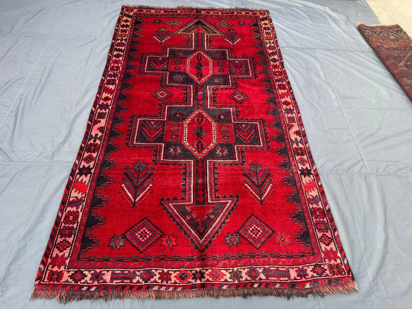 4'11 x 9'1 ft Antique 1940s Turkish Inspired Caucasian Area Rug Hand Knotted Wool Tribal Center Medallion Red Black Living Room