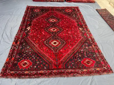 7'1 x 9'7 ft Antique 1930s Turkish Inspired Caucasian Area Rug Hand Knotted Wool Tribal Center Medallion Red B
