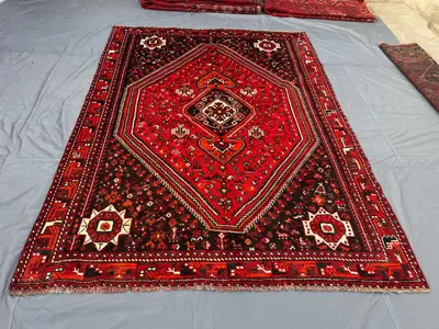 6'11 x 9'8 ft Antique 1920s Turkish Inspired Caucasian Area Rug Hand Knotted Wool Tribal Center Medallion Red 