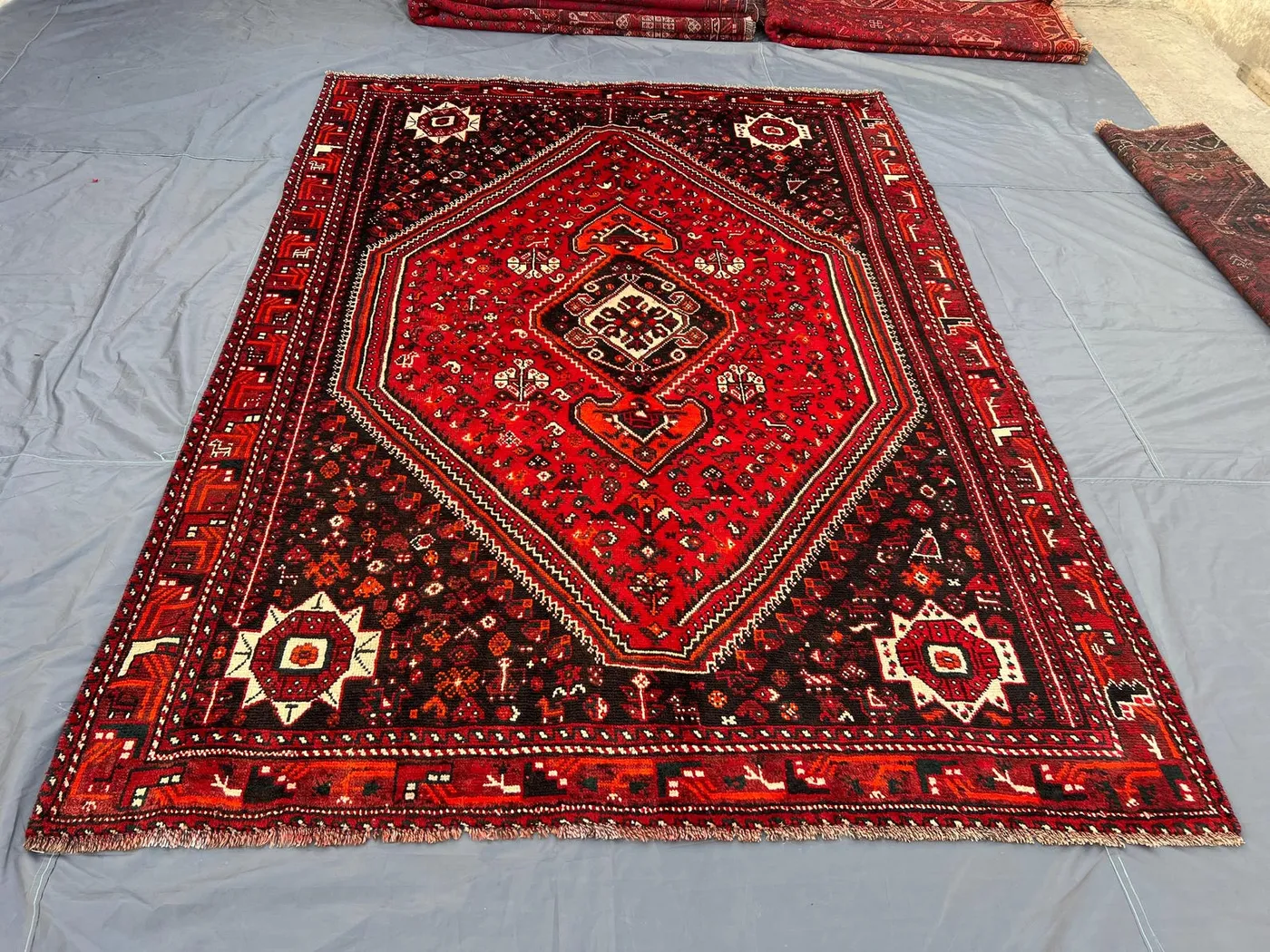 6'11 x 9'8 ft Antique 1920s Turkish Inspired Caucasian Area Rug Hand Knotted Wool Tribal Center Medallion Red Black Living Room