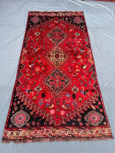 Red Black 4'3 x 8'6 ft Antique Caucasian Area Rug, Hand Knotted Wool Tribal Soft Pile Center Medallion Living 