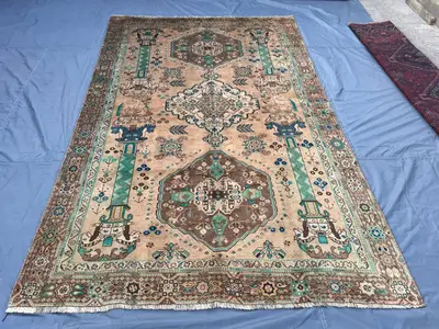 6'1 x 9'5 ft Antique 1920s Turkish Inspired Caucasian Large Area Rug Beige Brown Teal Wool  Center Medallion L