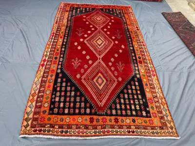 5'4 x 10'2 ft Antique 1940s Turkish Inspired Caucasian Area Rug Red Black Orange Wool Tribal Center Medallion 
